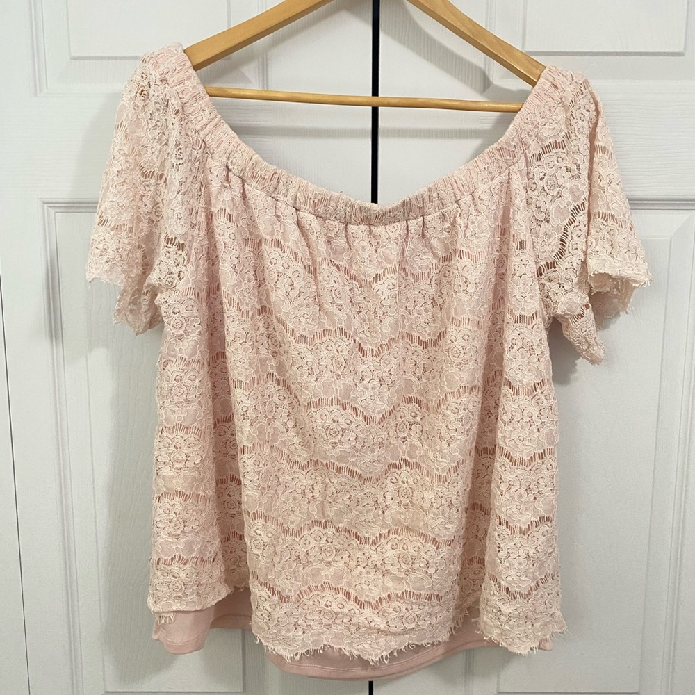 Faith and Joy Blush Lace Off-Shoulder Blouse